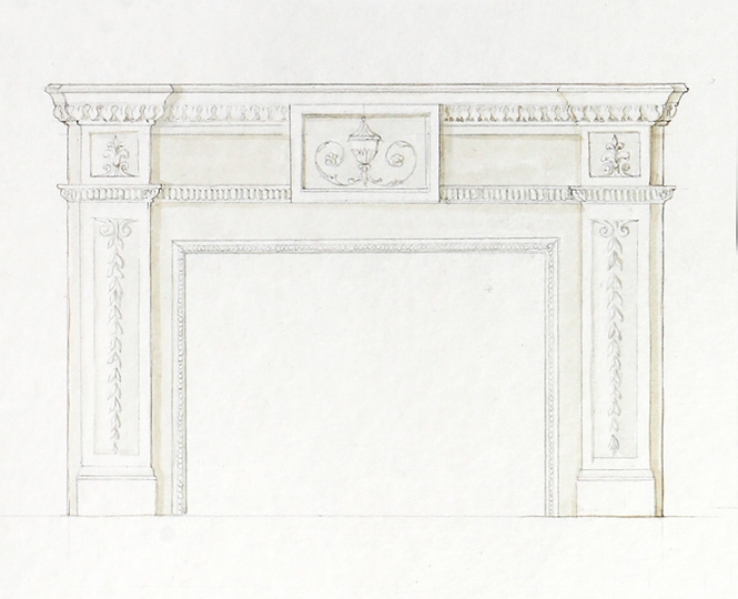 projekt kamiennego portalu kominka, akwarela, akwarelowe projekty wnętrz, projekty wnętrz, rysunki wnętrz, projekt kominka